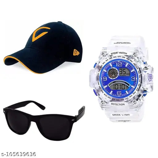 The image features a blue analog and digital sports watch with multiple functions, branded sunglasses and a cap with a sports logo, presented as a combo pack for boys