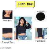 Black cotton crop top with full sleeves, comfortable and trendy women's casual wear