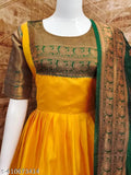 Yellow Art Silk gawon Set with green dupatta, charming and stylish for girls, short-sleeved, Zari woven pattern, Indian Kanjivaram design, new collection, size M, XL, XXL