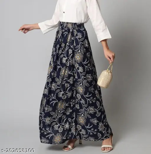 Floral print navy blue viscose rayon skirt, free size (30in waist, 38in length)
