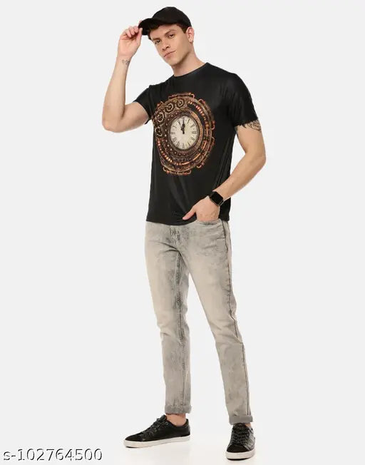 Black polyester short sleeve men's t-shirt with printed clock design, classic time fashion