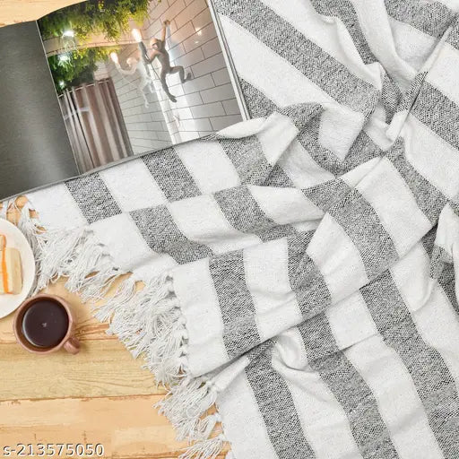 Breathable striped soft cotton throw, 150cm x 125cm (60 x 50 inches), multi-color with tassels - perfect for sofa, bed or couch, 100% cotton, India origin