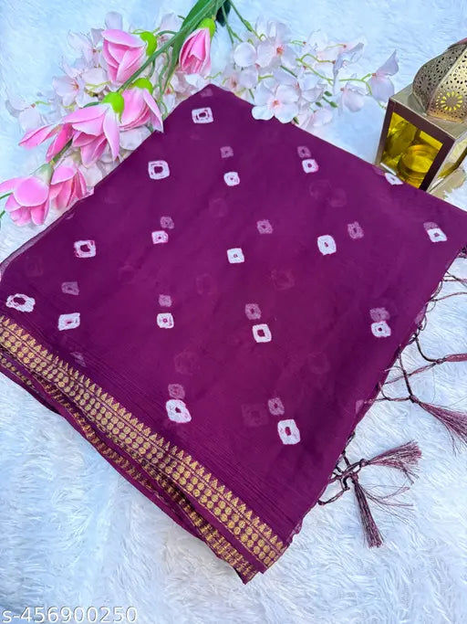 Chiffon silk Bandhani dye saree with tassels and embroidered net blouse, free size Indian traditional attire on model