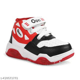 Red and black kids sneakers with white stripes, lace closure