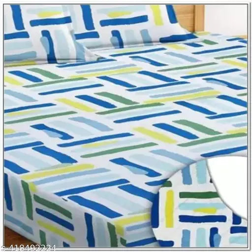 Geometric cotton fitted elastic double bedsheets with 2 pillow covers. Breathable, moisture-wicking, and machine washable