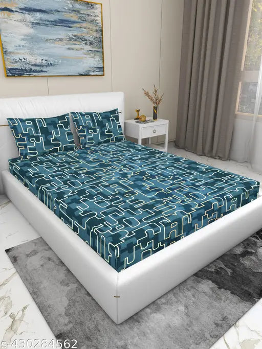 Soft Glace Cotton Fitted Double Bedsheet with Botanical Print & Pillow Covers, ideal for summer