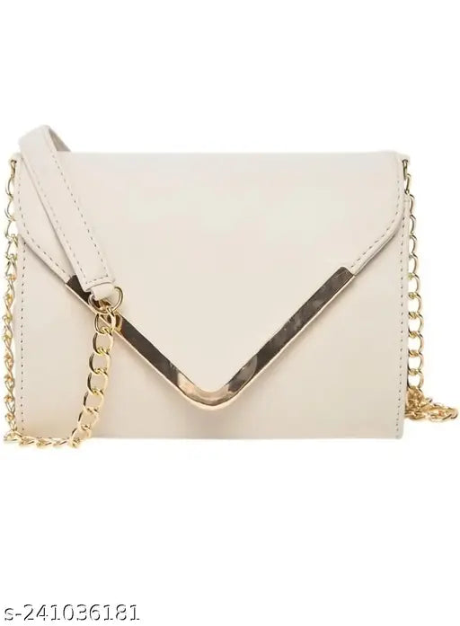 A white sling bag with a long chain shoulder strap