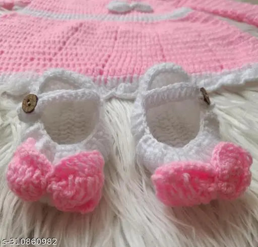 Handmade acrylic woolen baby girl frock/sweater with hairband cap and booties, solid pattern, three-quarter sleeves, 12-18 months size. Indian handcrafted winter wear for girls