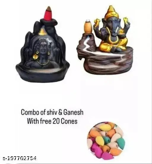 Handcrafted resin Shiva-Ganesha incense holder combo with 20 free cones, Indian artifact for home decor or gifting