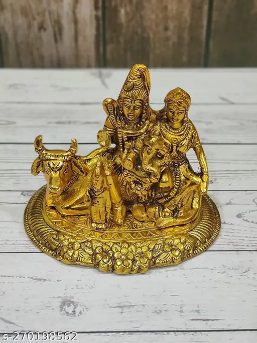 Golden oxidized metal Shiv Pariwar with Nandi statue, intricate Indian sculpture depicting deity Shiva and bull Nandi