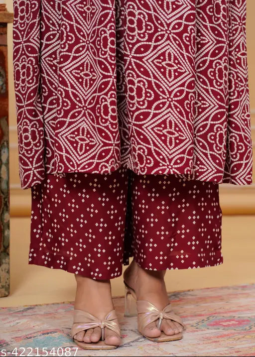 Rayon women's printed long-sleeve kurta palazzo, stylish Indian ethnic wear