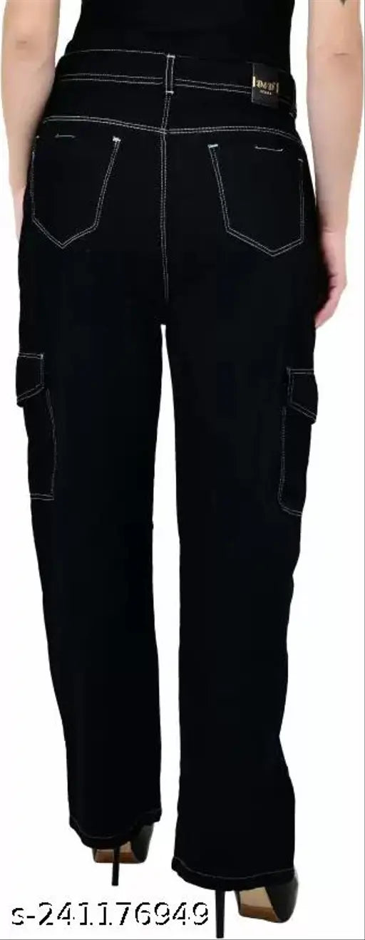 Black cargo pants with straight fit, front pockets, and belt loops