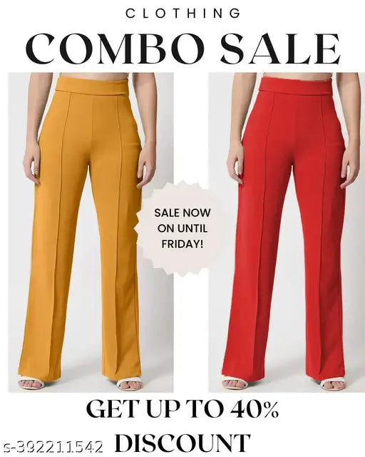 Cotton blend vintage-style bootcut bell bottoms trouser pants combo, 2 pieces in solid color, high-waisted with exaggerated bell-bottoms