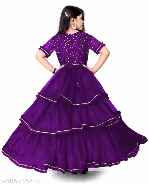 Short-sleeved net girls gown in solid color, 6-9 years, Indian origin