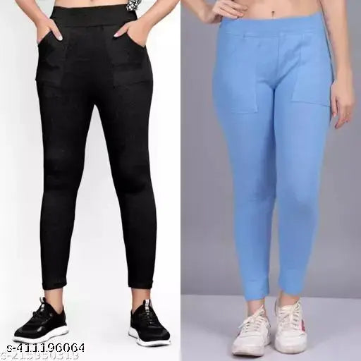Black Dark Ice Blue Lycra Ladies Pocket Jeggings, Comfort Fit, India