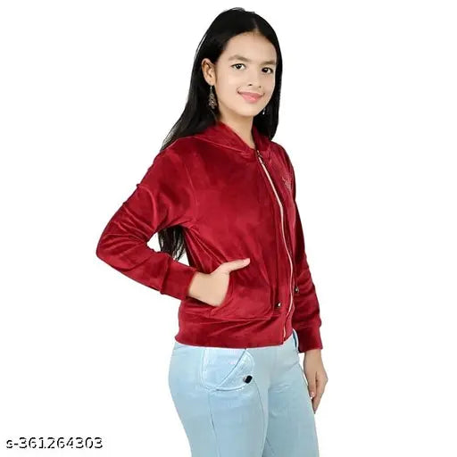 Maroon velvet girls' winter sweatshirt & hoodie with zipper and two pockets, perfect for cold weather fashion