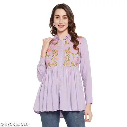 Mauve embroidered rayon top, long sleeves, Indian-origin women's fashion