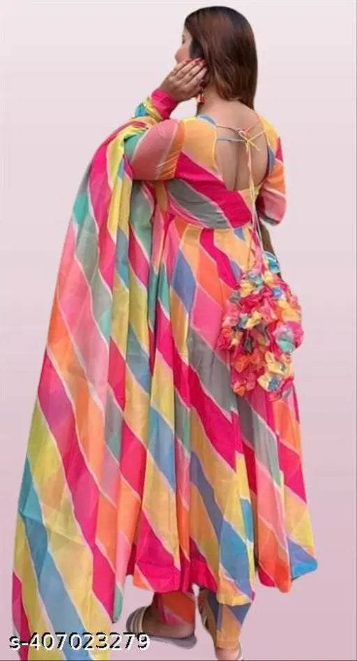 Trendy glamorous georgette gown with long sleeves, dyed/washed net, for women's partywear from India. (S-Bust34, L53; M-Bust36, L53; L-Bust11, L54; XL-Bust40, L54; XXL-Bust42, L55)