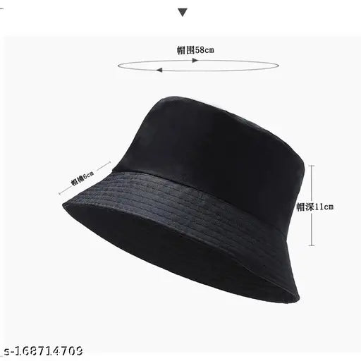 The image shows a dark bucket hat with a reversible design