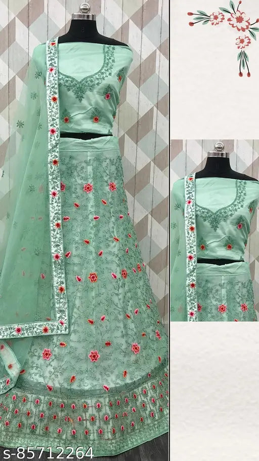 Pink net lehenga choli with embroidery, ideal for weddings and parties. Semi-stitched blouse included, free size up to 42 inches