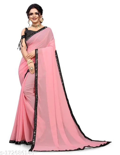 Pink georgette saree with a beautiful less border