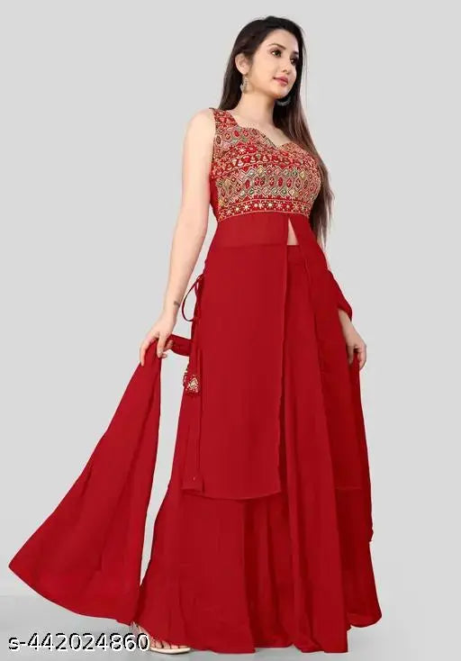 Red embroidered kurta with dupatta and palazzo pants, sleeveless traditional party wear