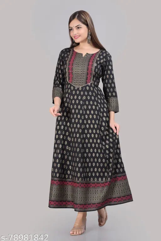 Black embellished rayon anarkali kurta with printed combo, three-quarter sleeves. Women's traditional Indian fashion wear