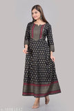 Black embellished rayon anarkali kurta with printed combo, three-quarter sleeves. Women's traditional Indian fashion wear