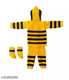 Striped woolen dress set for kids (0-3 months), includes sweater, pajama, socks & cap – Indian handcraft