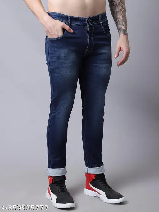 Men's solid dark blue denim jeans with elasticated waistband and zip fly