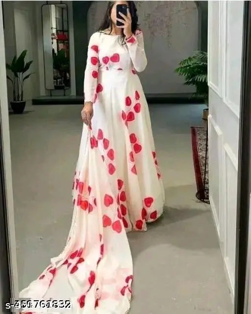 Georgette printed anarkali gown full ghera with Guptta lace border, trendy long-sleeved Indian fashion in multiple sizes