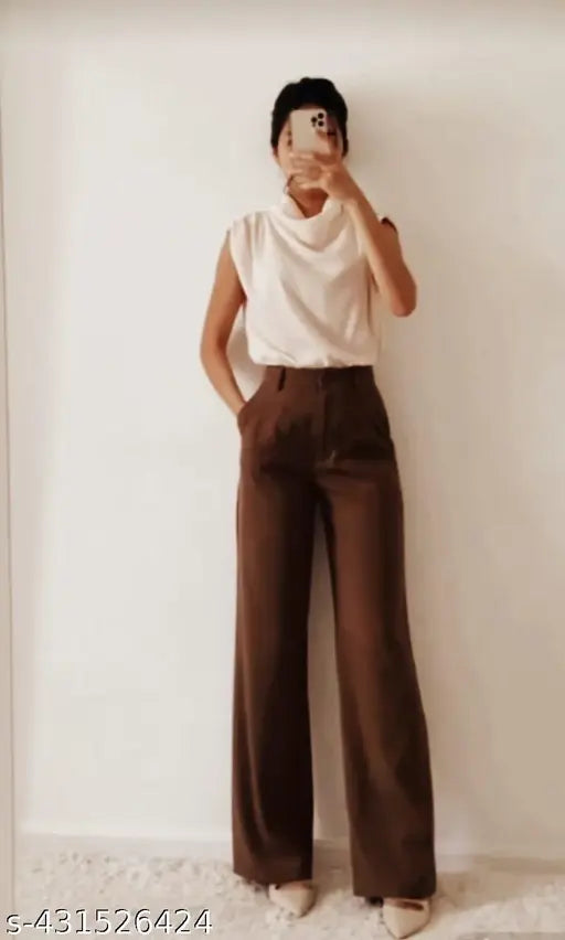 High waist straight leg pants, solid color for women