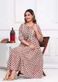 Beige cotton printed anarkali kameez with puffed sleeves, printed pattern on bodice and hem, straight cut, long length, fitted waist with elastic, round neckline