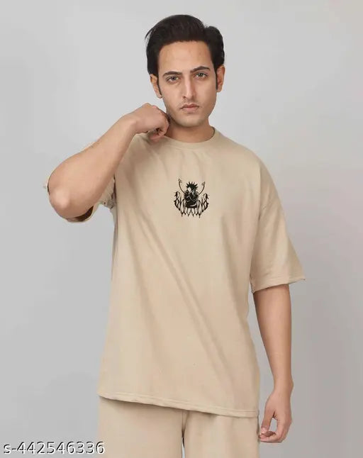Beige cotton oversized anime printed men's t-shirt, trendy graphic design for casual everyday wear