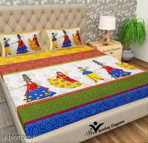 Jaipuri cotton bedsheet with colorful dancer prints, white, green, and blue.