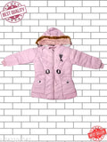 Pink padded coat with hood, lined in black fur