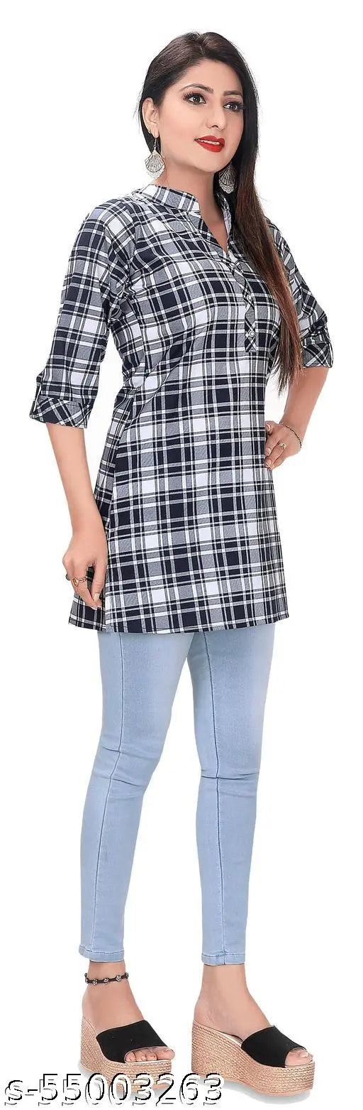 Cotton printed checkered top, three-quarter sleeves, GMK Fashions women's apparel, India origin