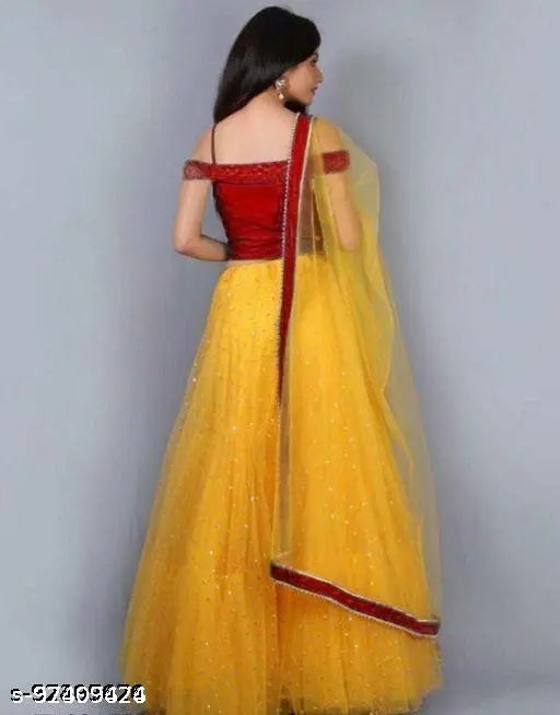 Yellow satin-net semi-stitched Lehenga Choli with embroidered patterns and lace dupatta, trendy Indian traditional attire for women