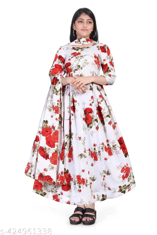 Stylish designer rayon gown with printed net, three-quarter sleeves for pre-teen to young teen girls (sizes 9-16 years)