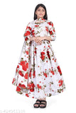 Stylish designer rayon gown with printed net, three-quarter sleeves for pre-teen to young teen girls (sizes 9-16 years)