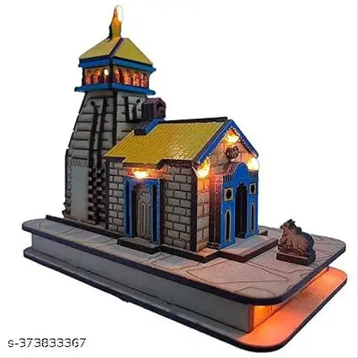 Handcrafted wooden Kedarnath Temple in miniature, featuring Shiv Idol and Mahadev Daridra Bhanjana. Wooden Shiva Mandir for gifting, 10 cm L x 10 cm H x 10 cm B, Indian origin