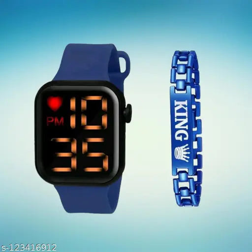 Digital watch with colorful strap and King bracelet. Glowing red LED display showing 10:35