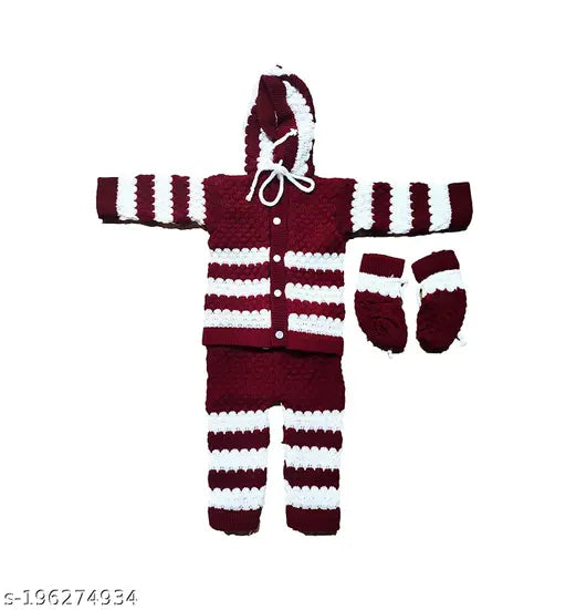 Maroon and white striped soft wool hoodie sweater for baby boys and girls, includes pajama and booties - Indian made