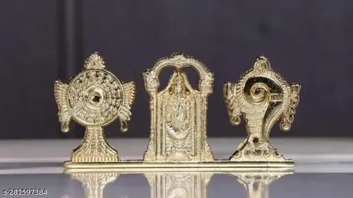 Antique brass Balaji statue stand with Shankh Chakra, gold-plated, Indian religious decor for car or home/office