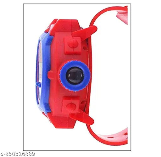 Multicolor child's watch with a red and blue dial, multi-colored strap