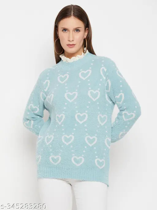 Camey women's woolen winter full sleeve high neck heart print sweater, stylish & versatile for casual or formal wear