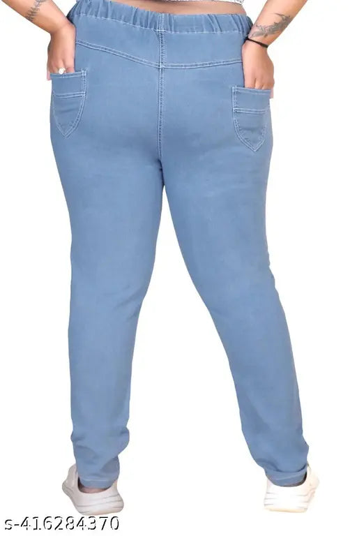 Light blue denim jeggings, premium quality plus size, stretchable Lycra fabric, ideal for 5XL waist sizes (42 inches)