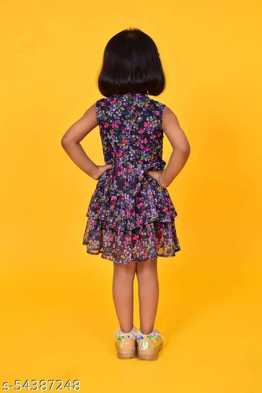 Floral printed chiffon frill frock, sleeveless with mandarin collar, poly knit lining, perfect for 2-8 year old girls, Indian origin