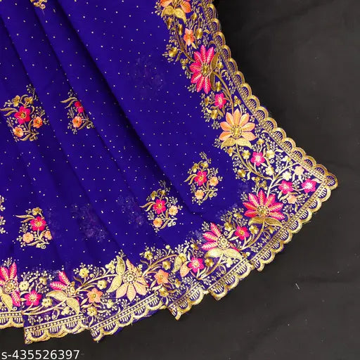 Embroidered work saree with blouse for women, blue and gold embroidery on black fabric