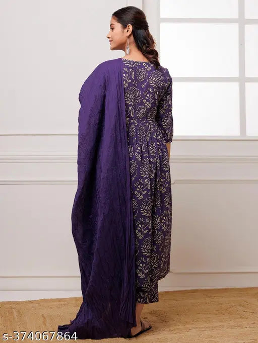 Violet cotton blend floral A-Line printed Kurta set with dupatta and bottomwear, Indian women's fashion on mannequin